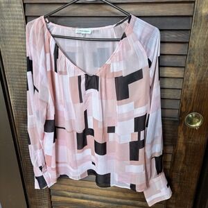 Calvin Klein Women XL Pink Black Geometric Print V Neck Long Sleeve Blouse Top